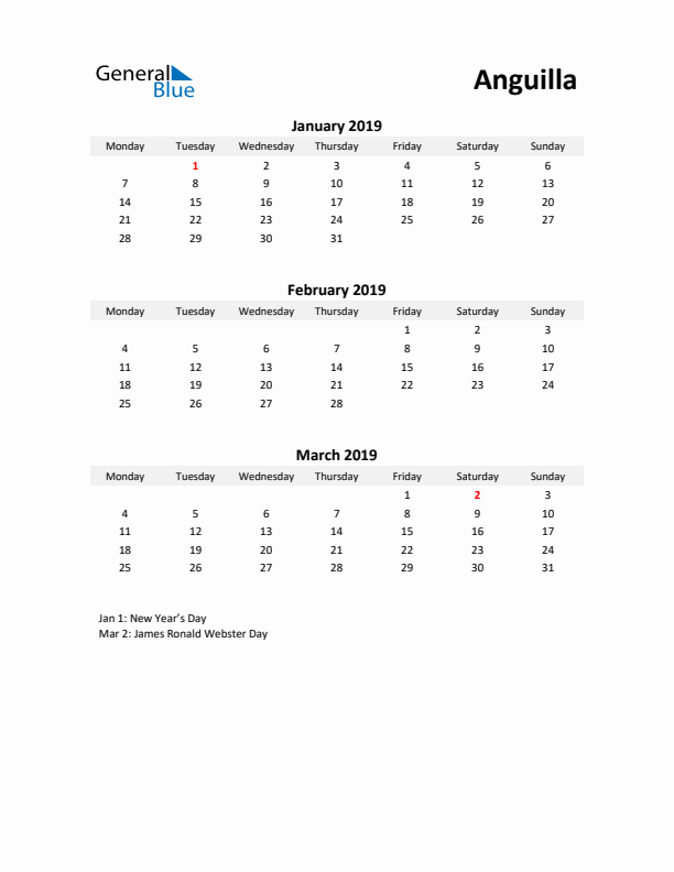 Printable Quarterly Calendar with Notes and Anguilla Holidays- Q1 of 2019