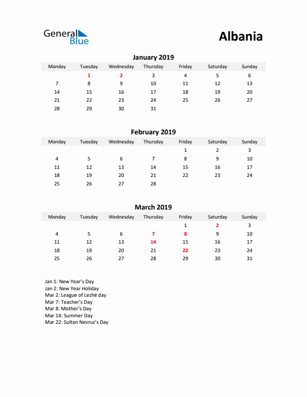 Printable Quarterly Calendar with Notes and Albania Holidays- Q1 of 2019