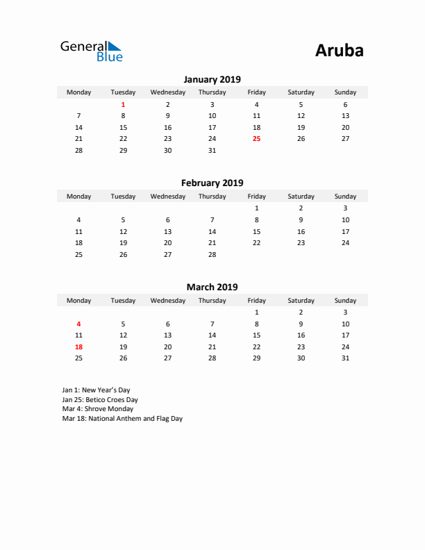 Printable Quarterly Calendar with Notes and Aruba Holidays- Q1 of 2019