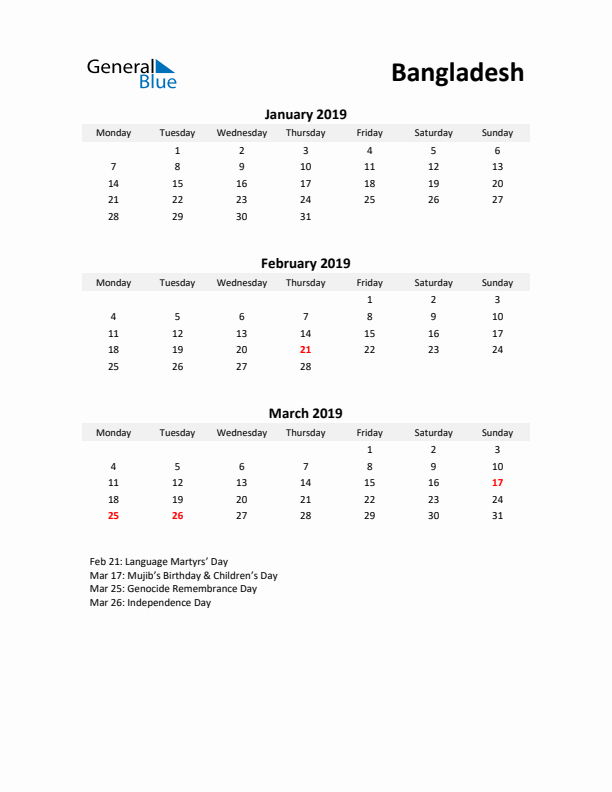 Printable Quarterly Calendar with Notes and Bangladesh Holidays- Q1 of 2019