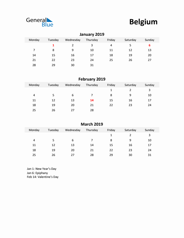 Printable Quarterly Calendar with Notes and Belgium Holidays- Q1 of 2019