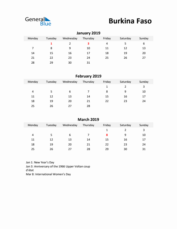 Printable Quarterly Calendar with Notes and Burkina Faso Holidays- Q1 of 2019