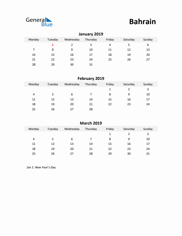 Printable Quarterly Calendar with Notes and Bahrain Holidays- Q1 of 2019