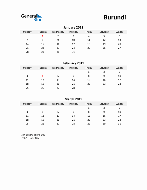 Printable Quarterly Calendar with Notes and Burundi Holidays- Q1 of 2019