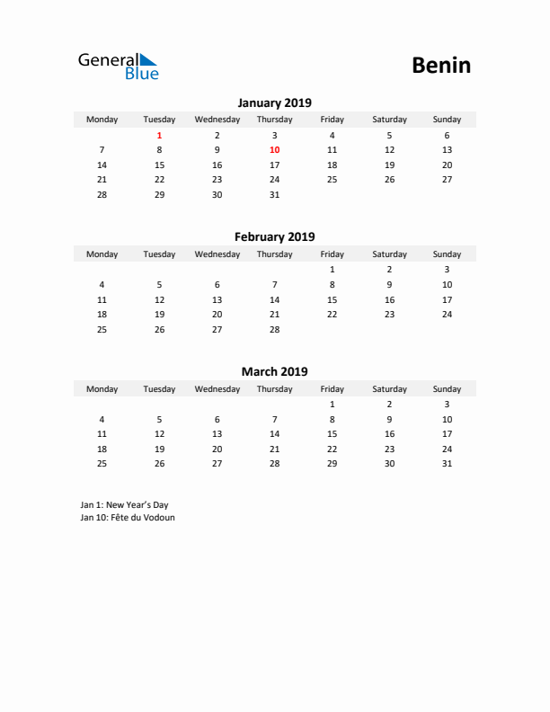 Printable Quarterly Calendar with Notes and Benin Holidays- Q1 of 2019