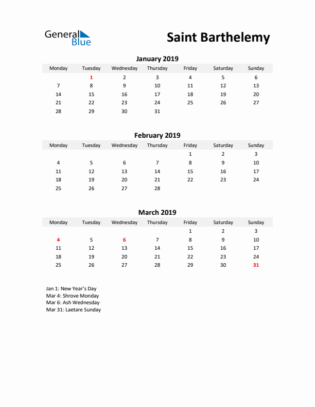 Printable Quarterly Calendar with Notes and Saint Barthelemy Holidays- Q1 of 2019