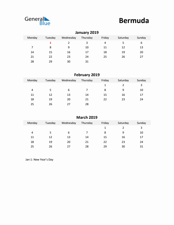 Printable Quarterly Calendar with Notes and Bermuda Holidays- Q1 of 2019