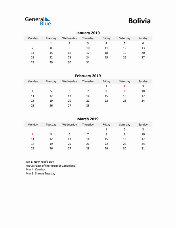 Printable Quarterly Calendar with Notes and Bolivia Holidays- Q1 of 2019