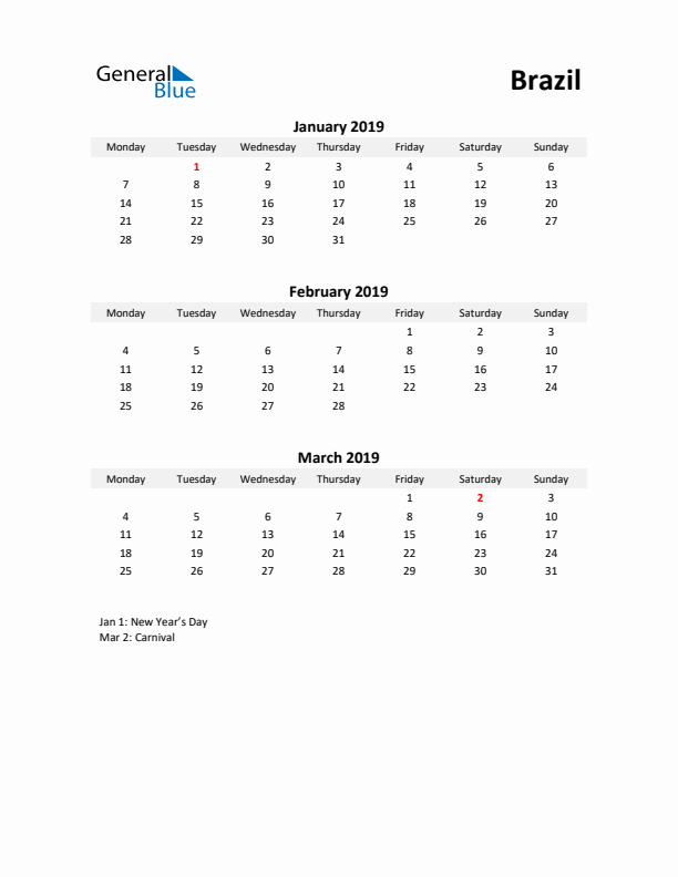 Printable Quarterly Calendar with Notes and Brazil Holidays- Q1 of 2019