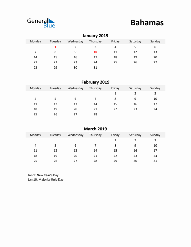 Printable Quarterly Calendar with Notes and Bahamas Holidays- Q1 of 2019