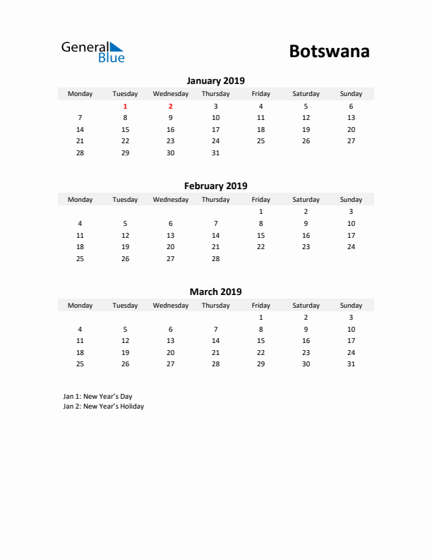 Printable Quarterly Calendar with Notes and Botswana Holidays- Q1 of 2019