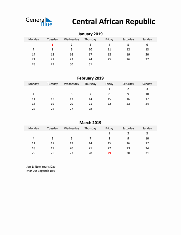 Printable Quarterly Calendar with Notes and Central African Republic Holidays- Q1 of 2019