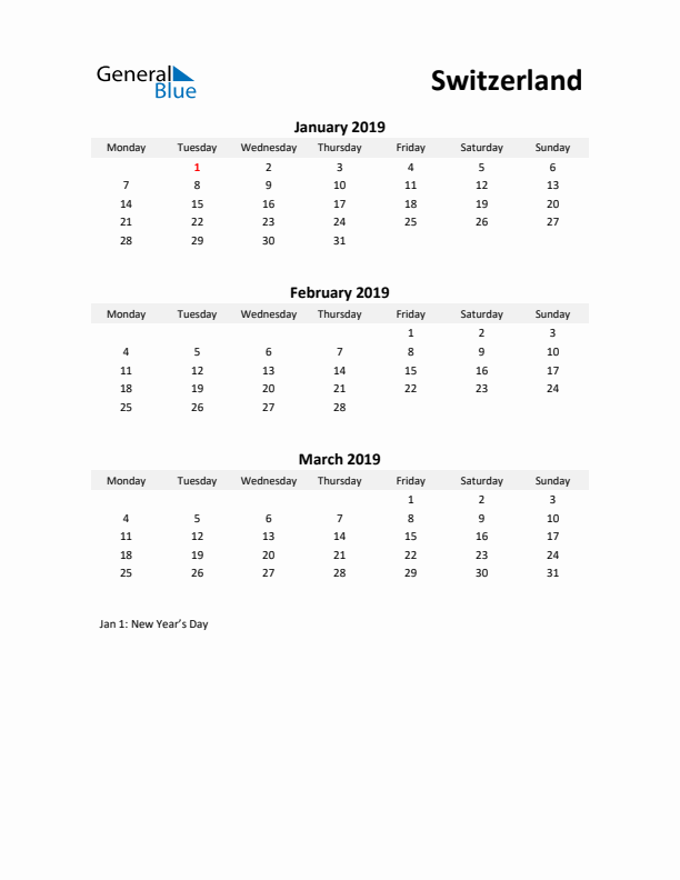 Printable Quarterly Calendar with Notes and Switzerland Holidays- Q1 of 2019