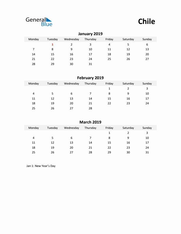 Printable Quarterly Calendar with Notes and Chile Holidays- Q1 of 2019