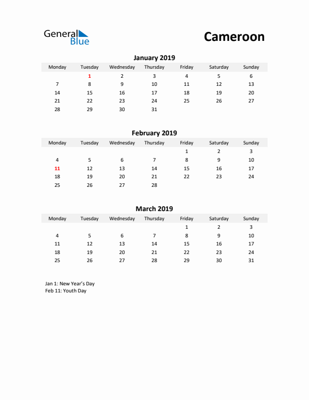 Printable Quarterly Calendar with Notes and Cameroon Holidays- Q1 of 2019