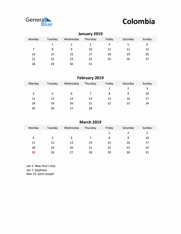 Printable Quarterly Calendar with Notes and Colombia Holidays- Q1 of 2019