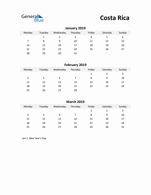 Printable Quarterly Calendar with Notes and Costa Rica Holidays- Q1 of 2019