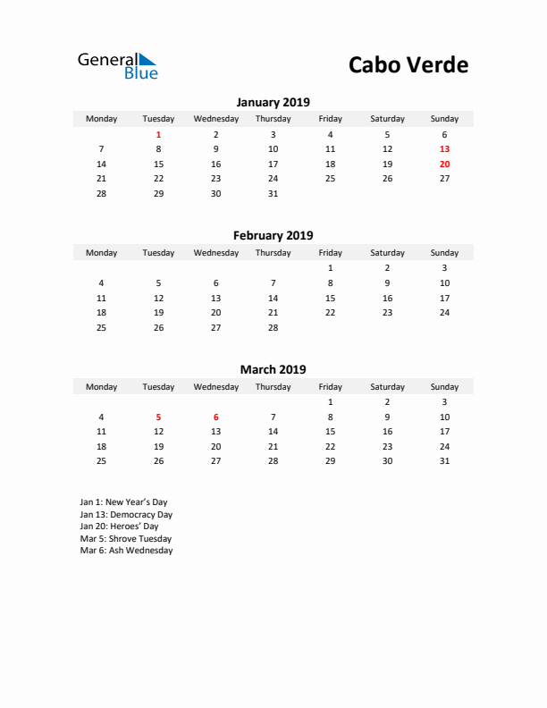 Printable Quarterly Calendar with Notes and Cabo Verde Holidays- Q1 of 2019