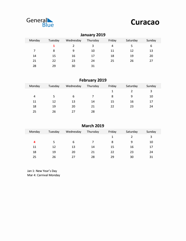 Printable Quarterly Calendar with Notes and Curacao Holidays- Q1 of 2019