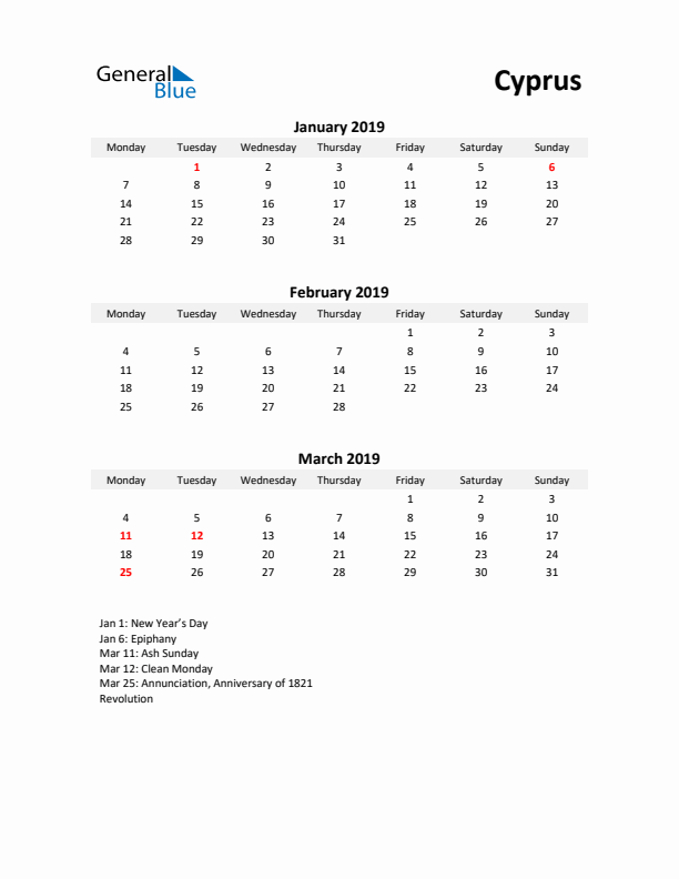 Printable Quarterly Calendar with Notes and Cyprus Holidays- Q1 of 2019