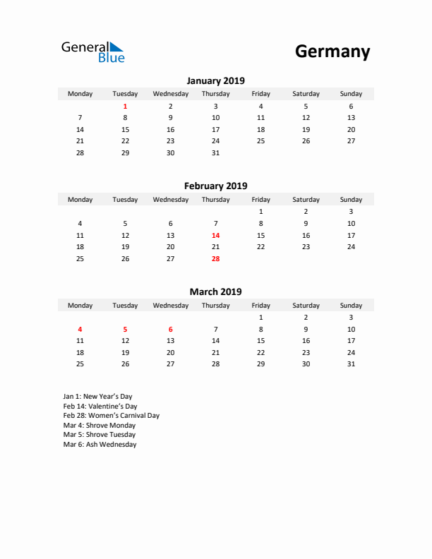 Printable Quarterly Calendar with Notes and Germany Holidays- Q1 of 2019