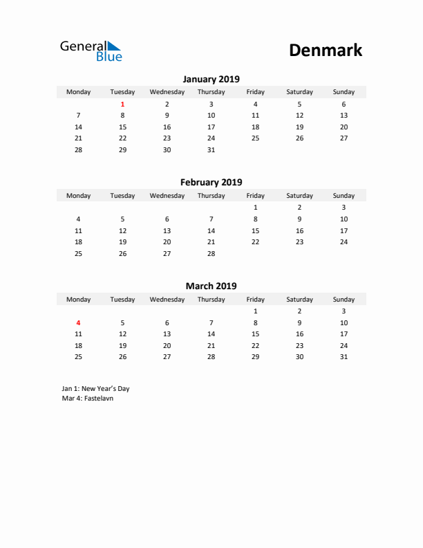 Printable Quarterly Calendar with Notes and Denmark Holidays- Q1 of 2019