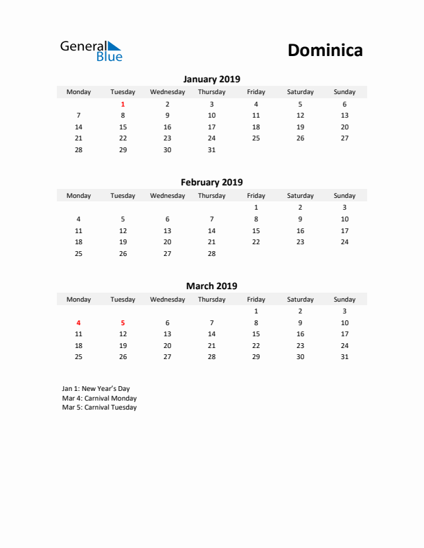 Printable Quarterly Calendar with Notes and Dominica Holidays- Q1 of 2019