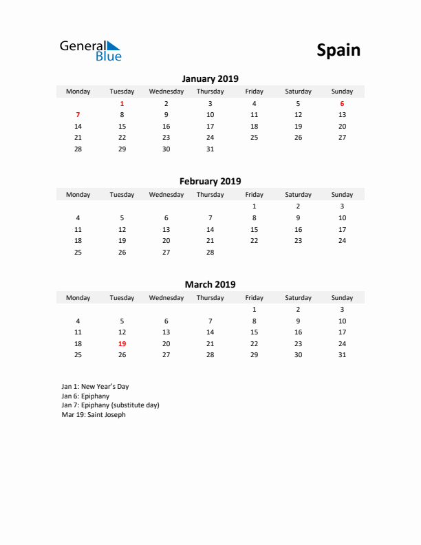 Printable Quarterly Calendar with Notes and Spain Holidays- Q1 of 2019