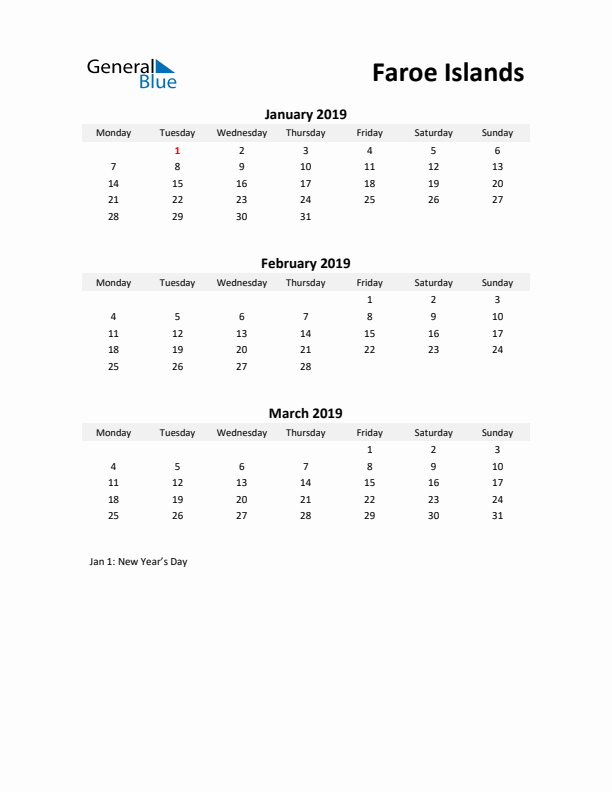 Printable Quarterly Calendar with Notes and Faroe Islands Holidays- Q1 of 2019