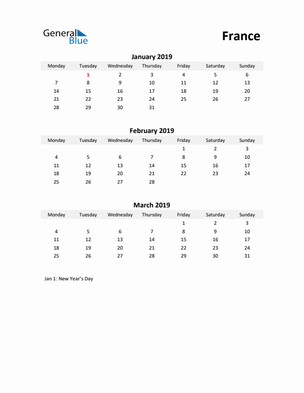 Printable Quarterly Calendar with Notes and France Holidays- Q1 of 2019