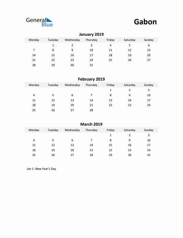 Printable Quarterly Calendar with Notes and Gabon Holidays- Q1 of 2019