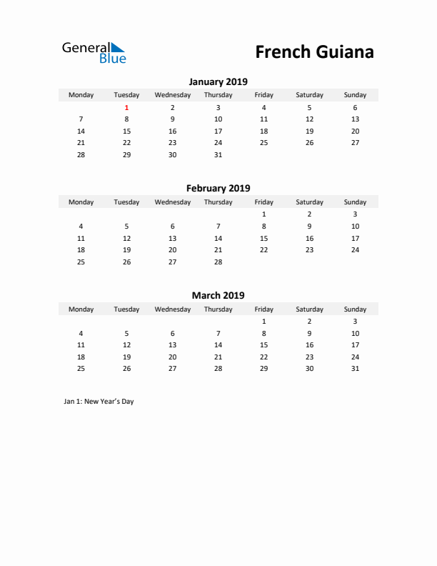 Printable Quarterly Calendar with Notes and French Guiana Holidays- Q1 of 2019