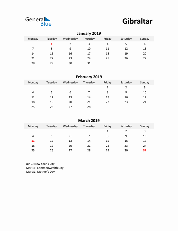 Printable Quarterly Calendar with Notes and Gibraltar Holidays- Q1 of 2019