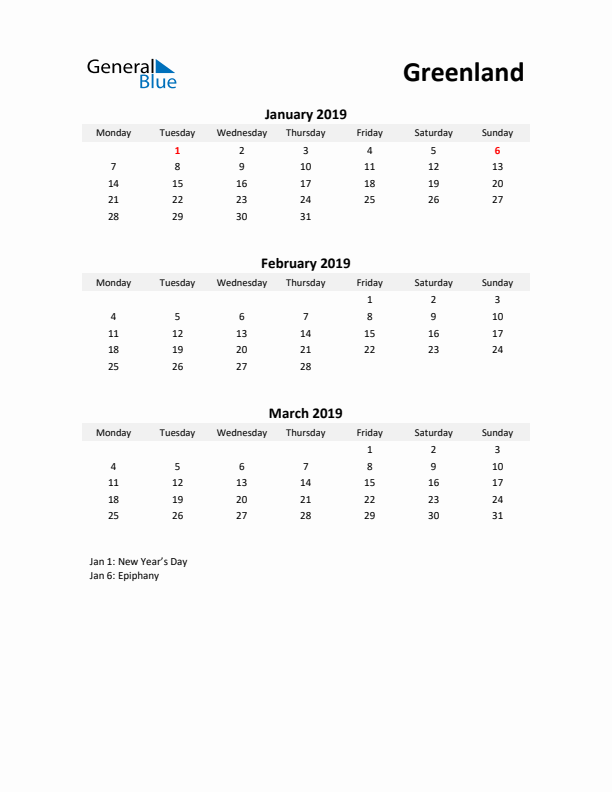 Printable Quarterly Calendar with Notes and Greenland Holidays- Q1 of 2019