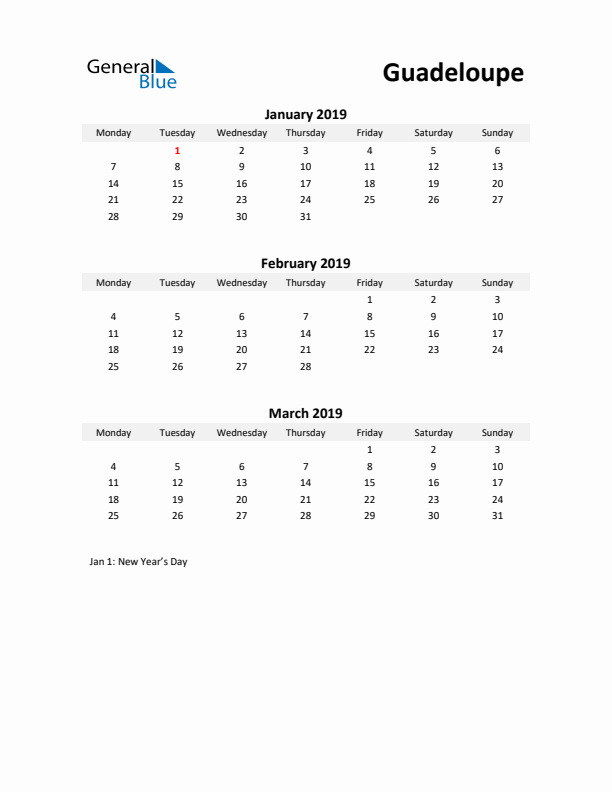 Printable Quarterly Calendar with Notes and Guadeloupe Holidays- Q1 of 2019