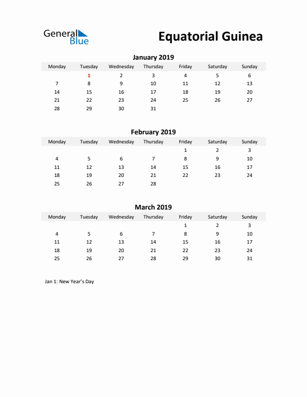 Printable Quarterly Calendar with Notes and Equatorial Guinea Holidays- Q1 of 2019