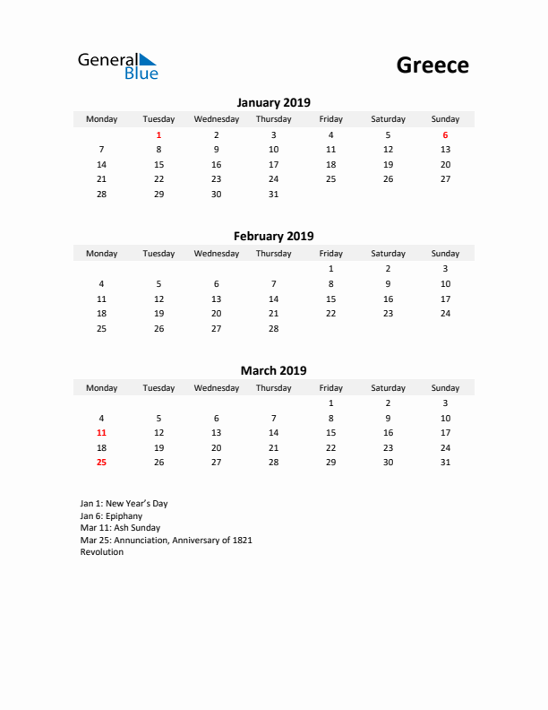 Printable Quarterly Calendar with Notes and Greece Holidays- Q1 of 2019