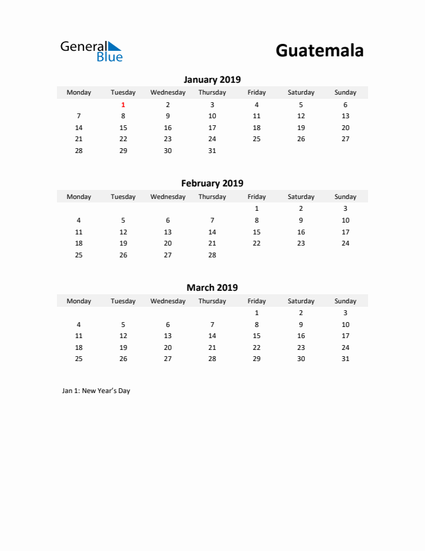 Printable Quarterly Calendar with Notes and Guatemala Holidays- Q1 of 2019