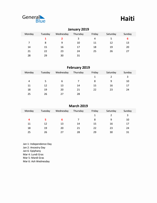 Printable Quarterly Calendar with Notes and Haiti Holidays- Q1 of 2019