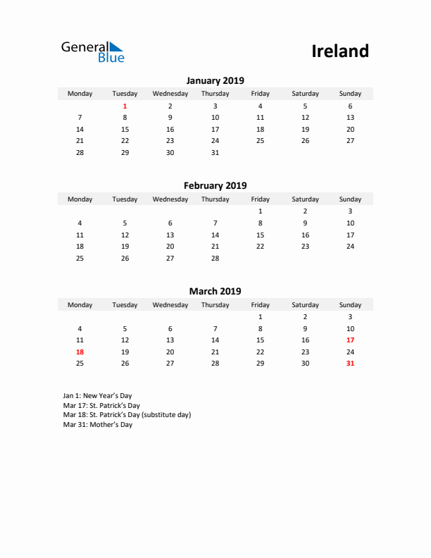 Printable Quarterly Calendar with Notes and Ireland Holidays- Q1 of 2019