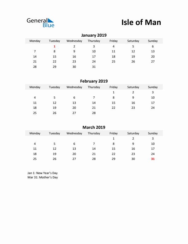 Printable Quarterly Calendar with Notes and Isle of Man Holidays- Q1 of 2019