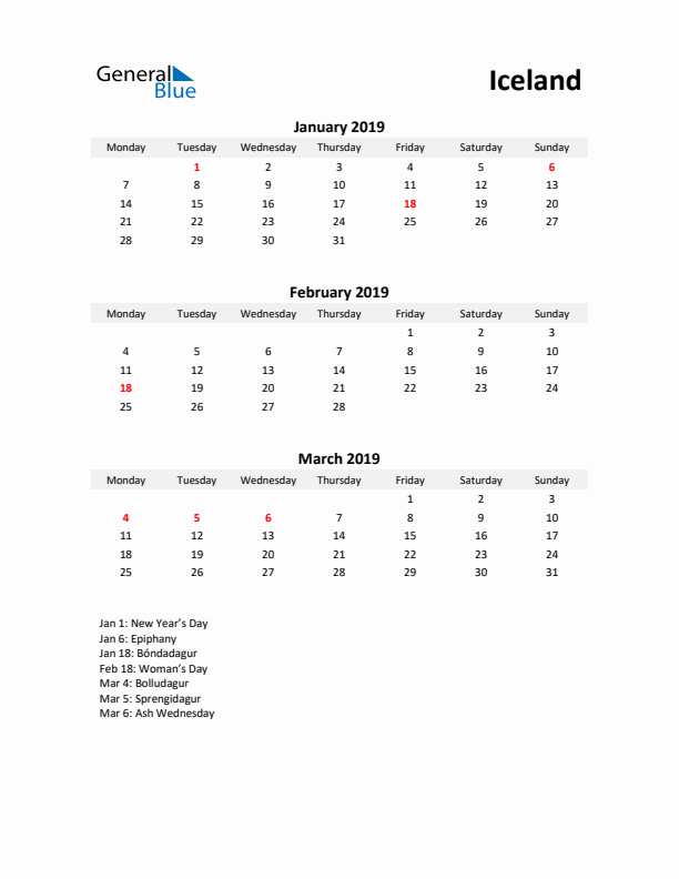 Printable Quarterly Calendar with Notes and Iceland Holidays- Q1 of 2019