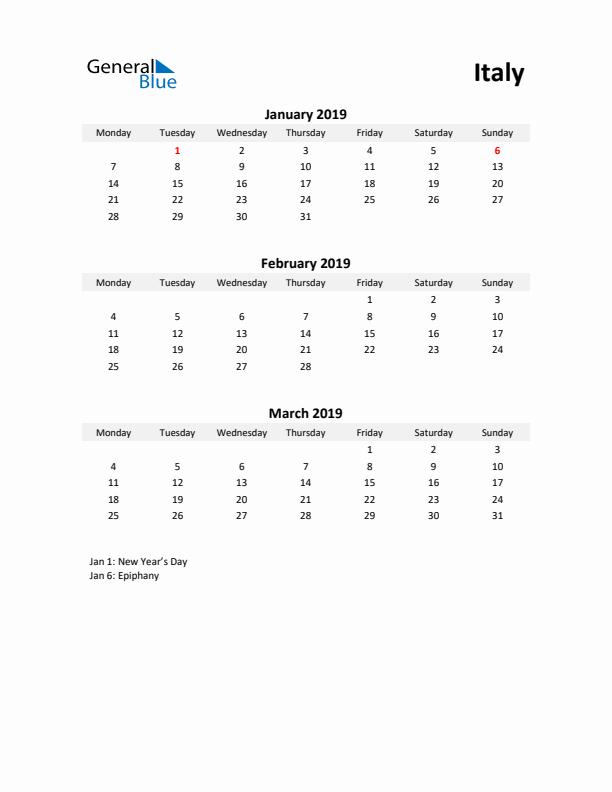 Printable Quarterly Calendar with Notes and Italy Holidays- Q1 of 2019