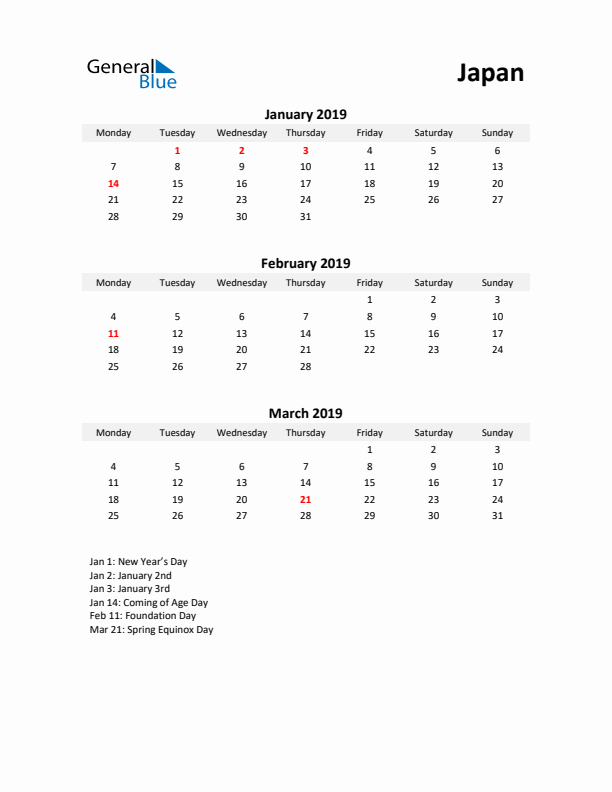 Printable Quarterly Calendar with Notes and Japan Holidays- Q1 of 2019