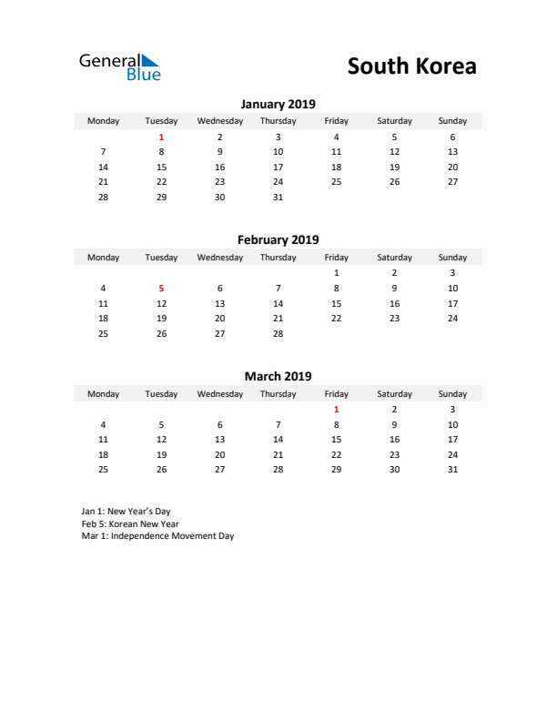 Printable Quarterly Calendar with Notes and South Korea Holidays- Q1 of 2019