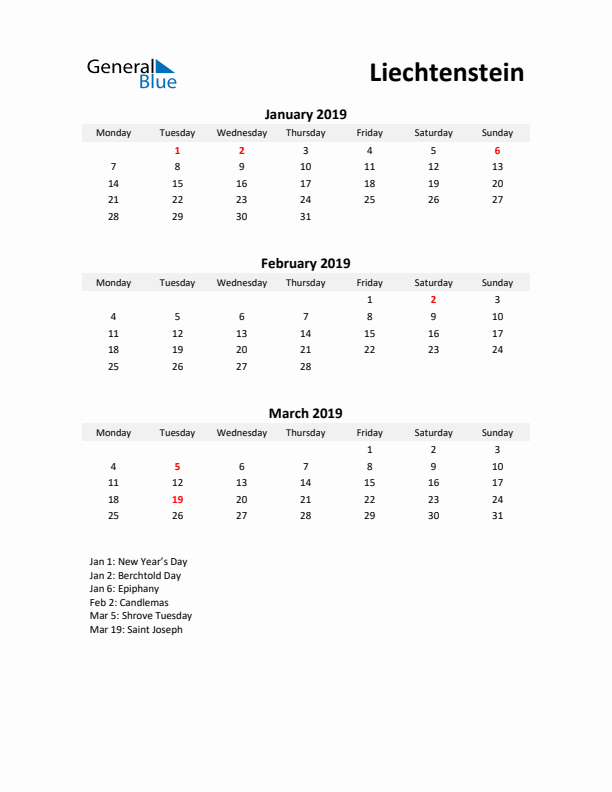 Printable Quarterly Calendar with Notes and Liechtenstein Holidays- Q1 of 2019