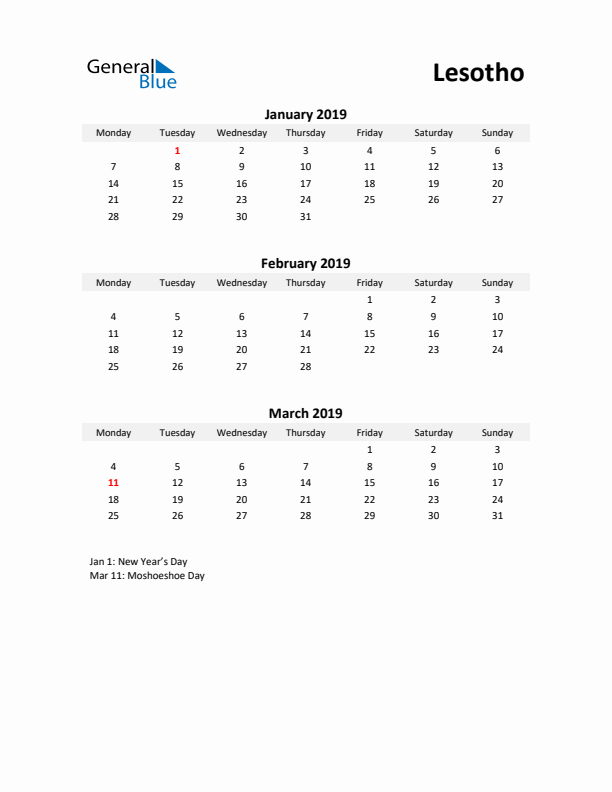 Printable Quarterly Calendar with Notes and Lesotho Holidays- Q1 of 2019