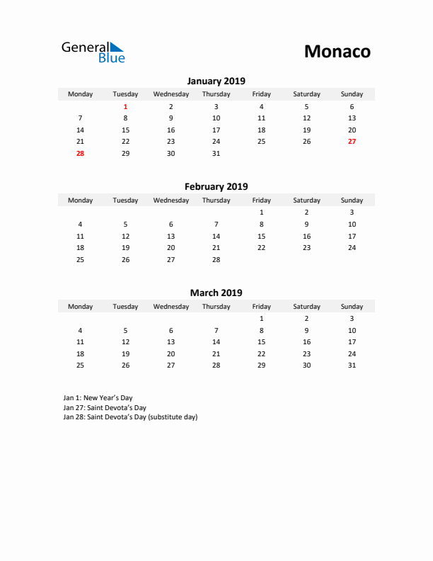 Printable Quarterly Calendar with Notes and Monaco Holidays- Q1 of 2019