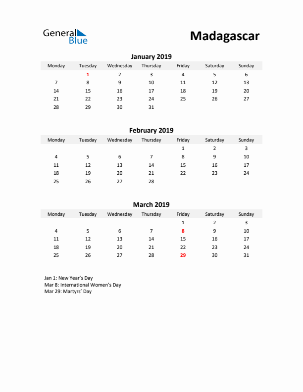 Printable Quarterly Calendar with Notes and Madagascar Holidays- Q1 of 2019