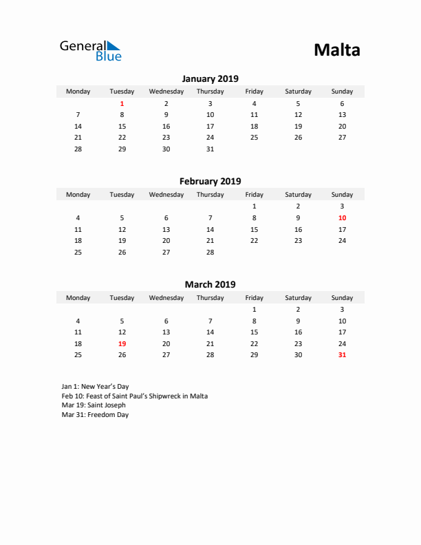 Printable Quarterly Calendar with Notes and Malta Holidays- Q1 of 2019